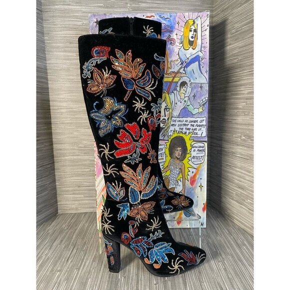 Jeffery Campbell Womens Pointed Toe Boots Multicolor Velvet Knee High Zip 5 M - Picture 1 of 8